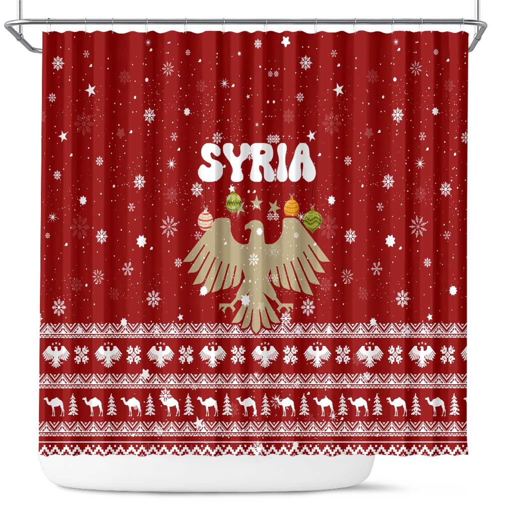 Syria Christmas Shower Curtain with Golden Eagle Emblem Christmas Camel Scene - Wonder Print Shop