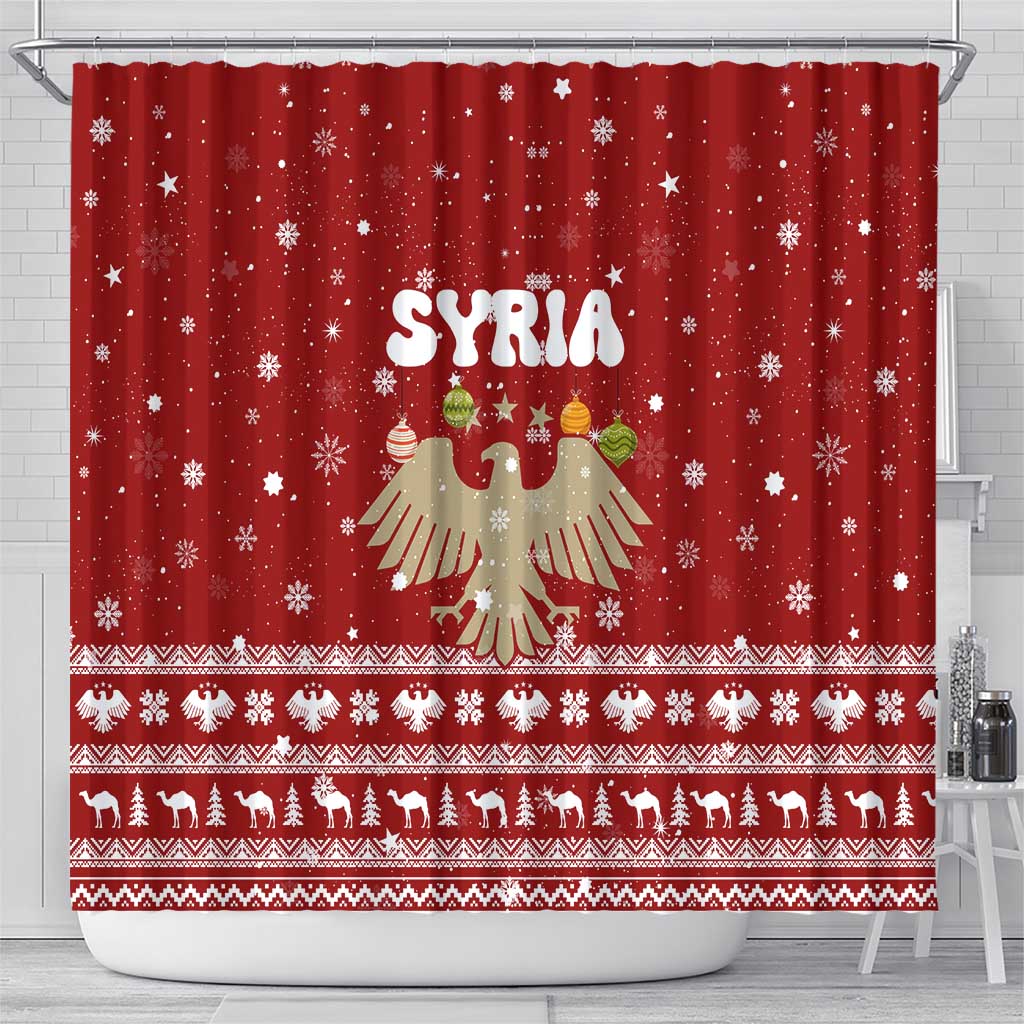 Syria Christmas Shower Curtain with Golden Eagle Emblem Christmas Camel Scene - Wonder Print Shop