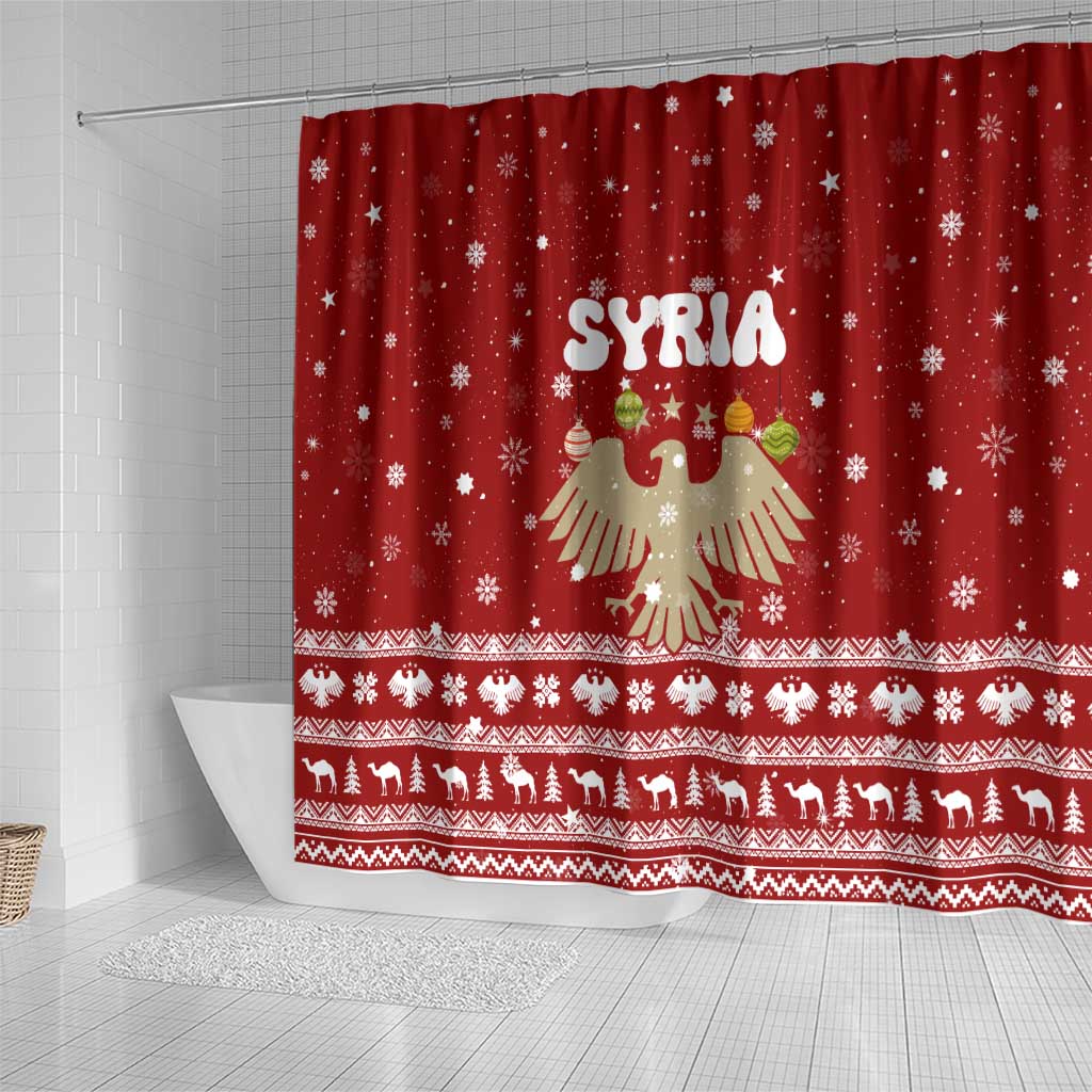 Syria Christmas Shower Curtain with Golden Eagle Emblem Christmas Camel Scene - Wonder Print Shop