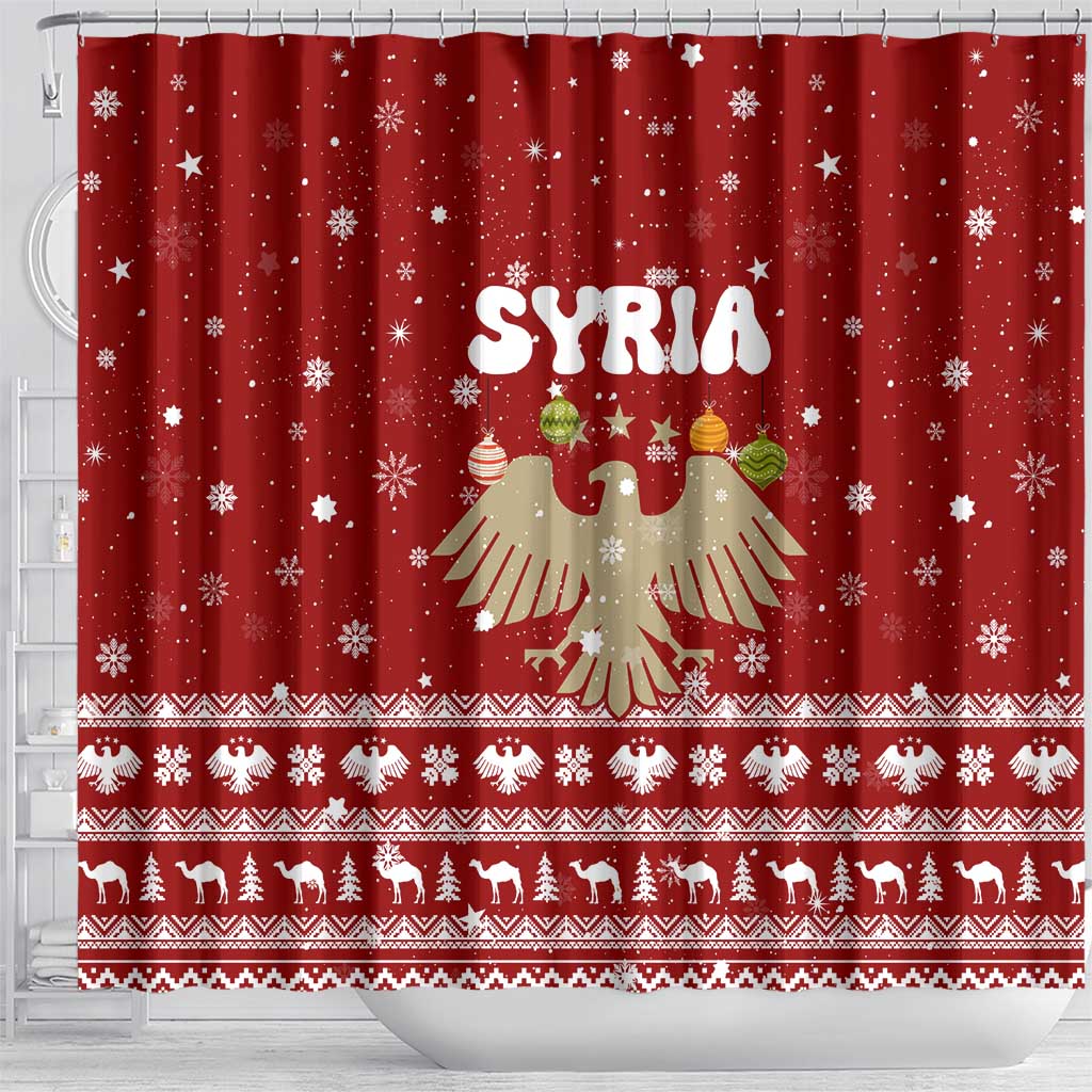 Syria Christmas Shower Curtain with Golden Eagle Emblem Christmas Camel Scene - Wonder Print Shop