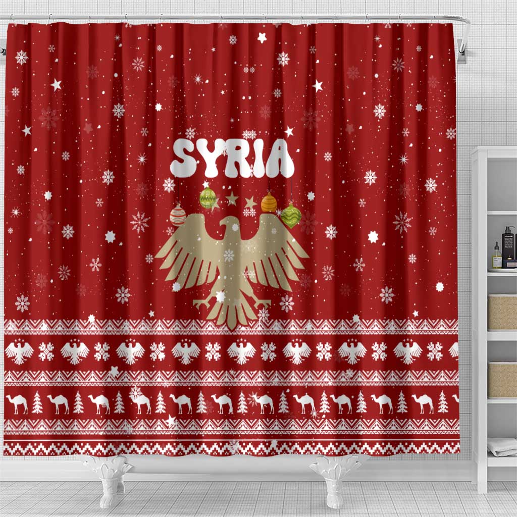 Syria Christmas Shower Curtain with Golden Eagle Emblem Christmas Camel Scene - Wonder Print Shop