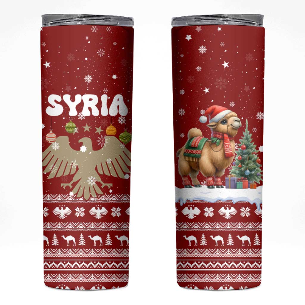 Syria Christmas Skinny Tumbler with Golden Eagle Emblem Christmas Camel Scene - Wonder Print Shop