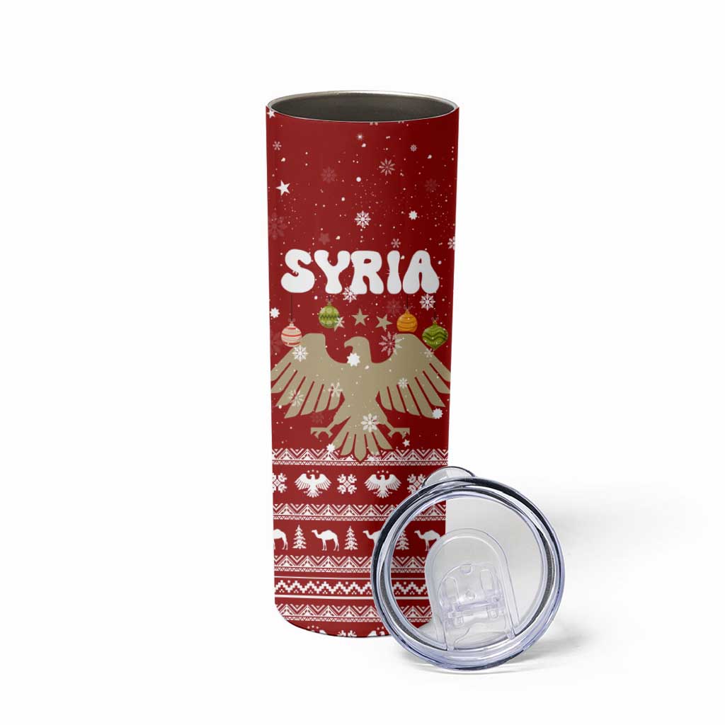 Syria Christmas Skinny Tumbler with Golden Eagle Emblem Christmas Camel Scene - Wonder Print Shop