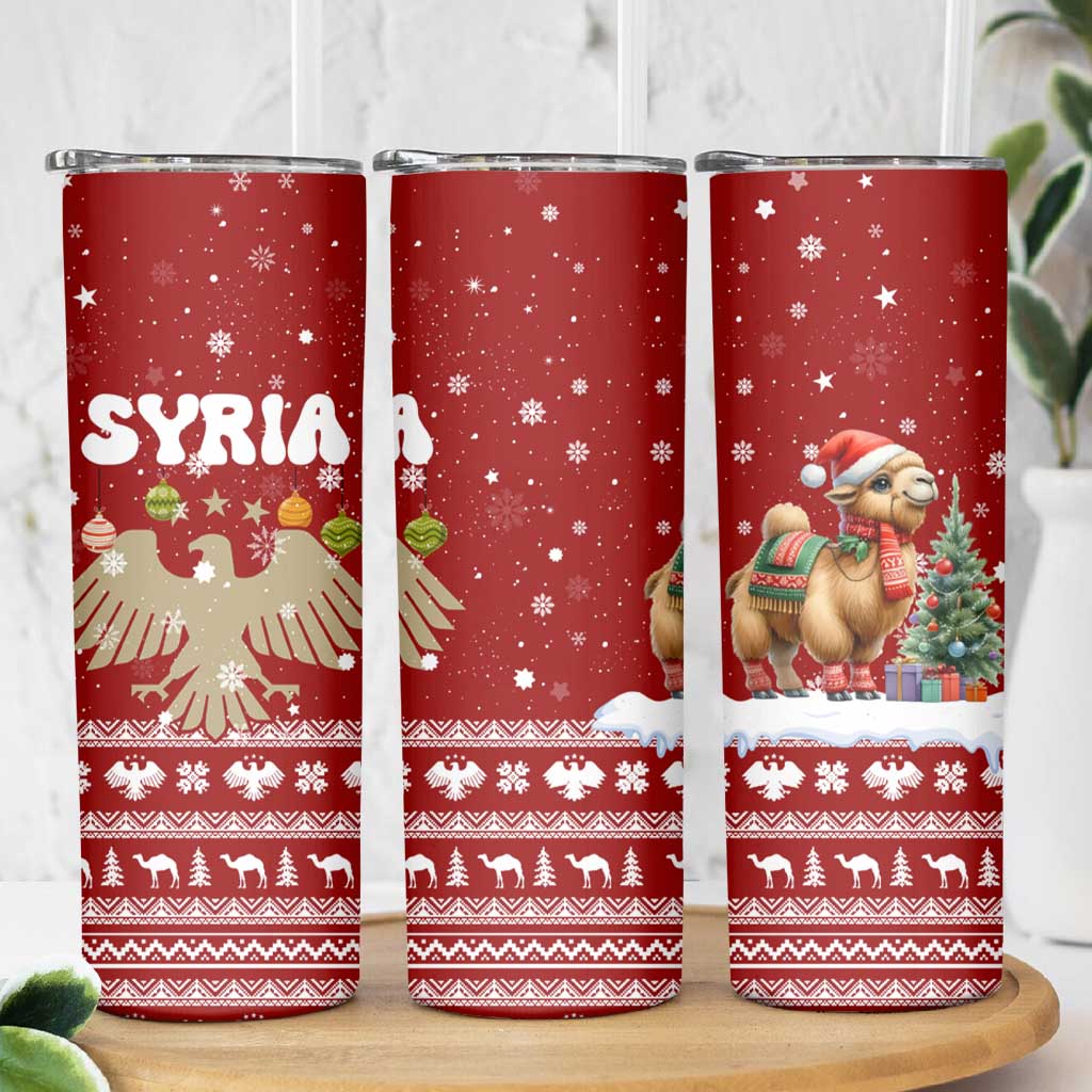 Syria Christmas Skinny Tumbler with Golden Eagle Emblem Christmas Camel Scene - Wonder Print Shop