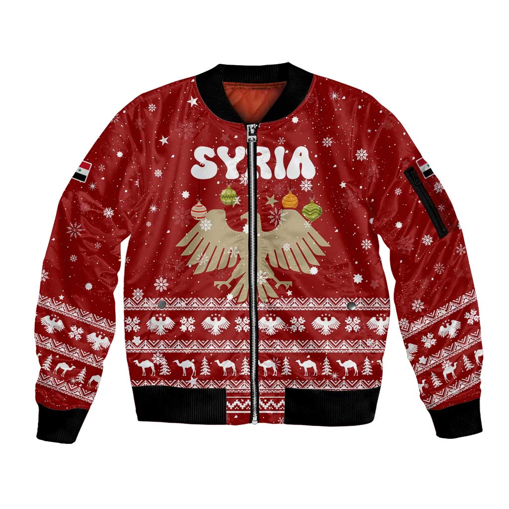 Syria Christmas Sleeve Zip Bomber Jacket with Golden Eagle Emblem Christmas Camel Scene - Wonder Print Shop