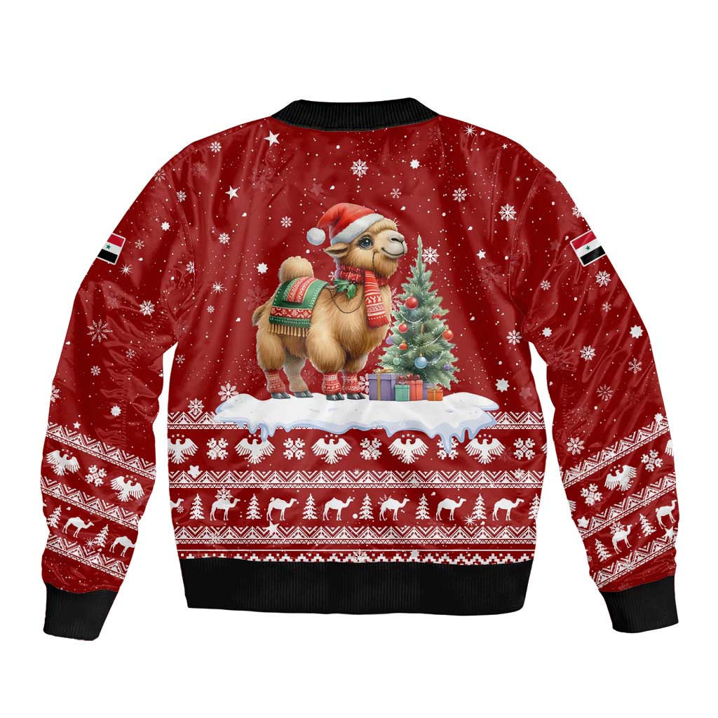 Syria Christmas Sleeve Zip Bomber Jacket with Golden Eagle Emblem Christmas Camel Scene - Wonder Print Shop