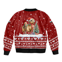 Syria Christmas Sleeve Zip Bomber Jacket with Golden Eagle Emblem Christmas Camel Scene - Wonder Print Shop