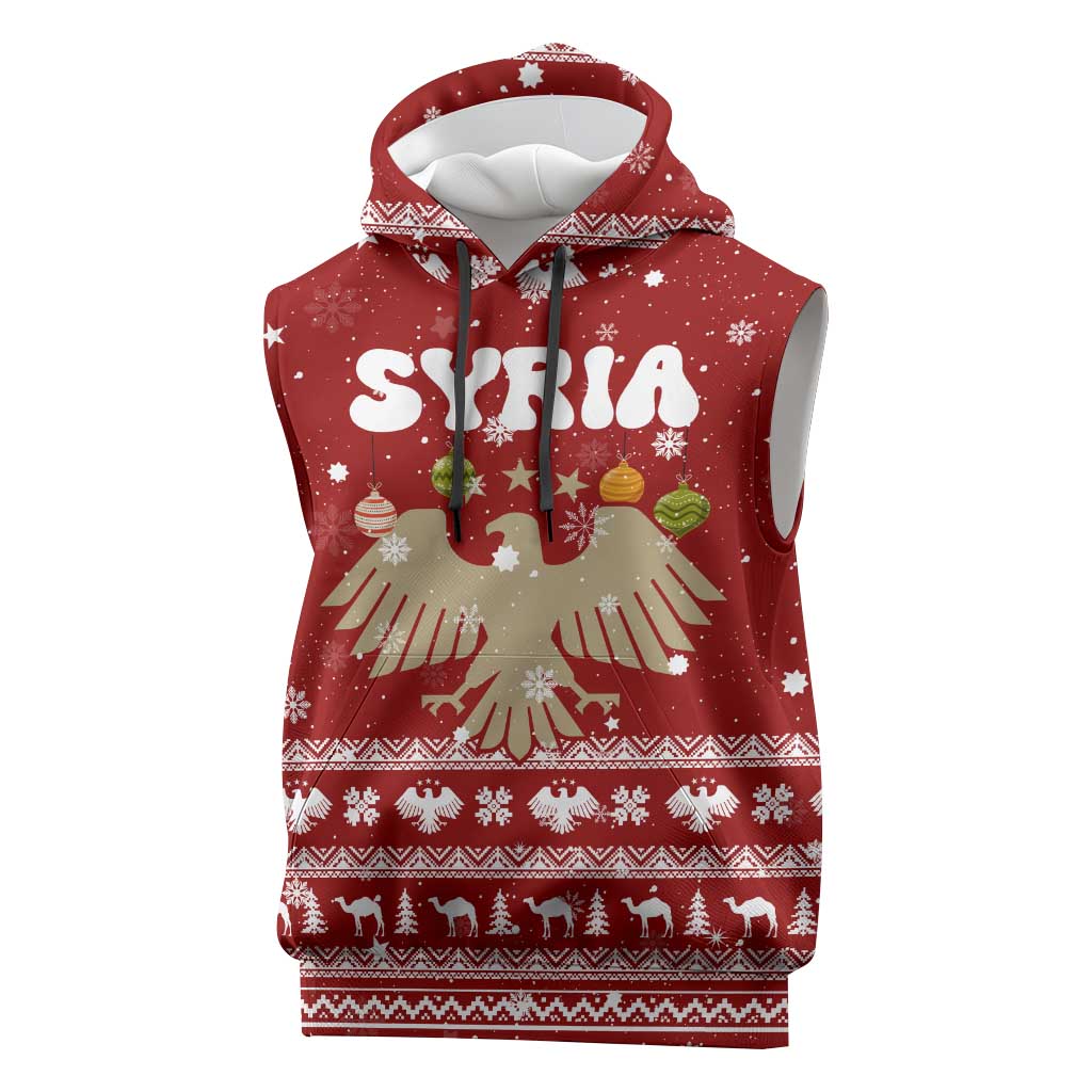 Syria Christmas Sleeveless Hoodie with Golden Eagle Emblem Christmas Camel Scene - Wonder Print Shop