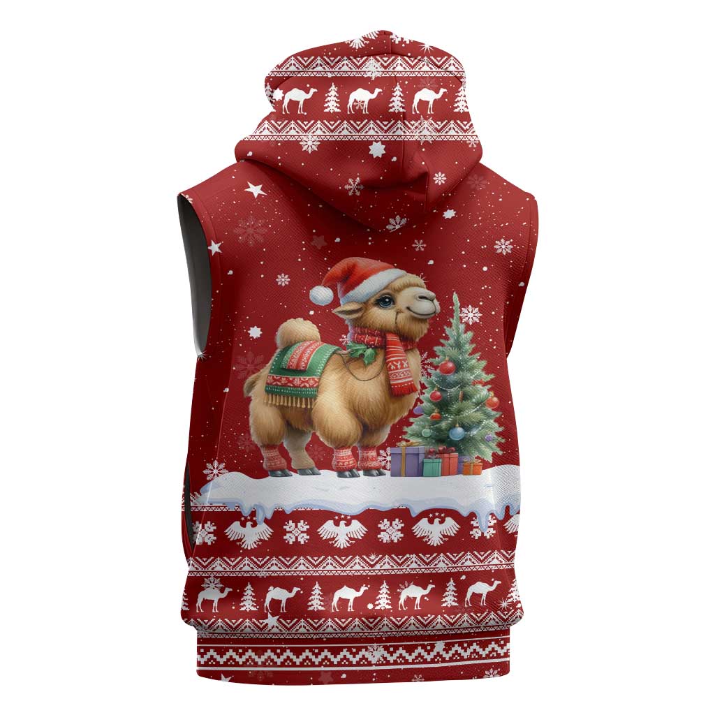 Syria Christmas Sleeveless Hoodie with Golden Eagle Emblem Christmas Camel Scene - Wonder Print Shop