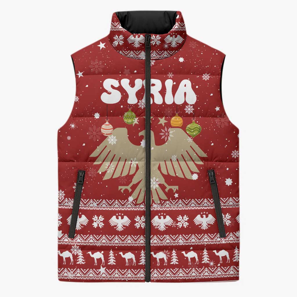 Syria Christmas Sleeveless Puffer Jacket with Golden Eagle Emblem Christmas Camel Scene - Wonder Print Shop