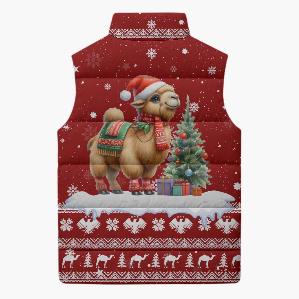 Syria Christmas Sleeveless Puffer Jacket with Golden Eagle Emblem Christmas Camel Scene - Wonder Print Shop