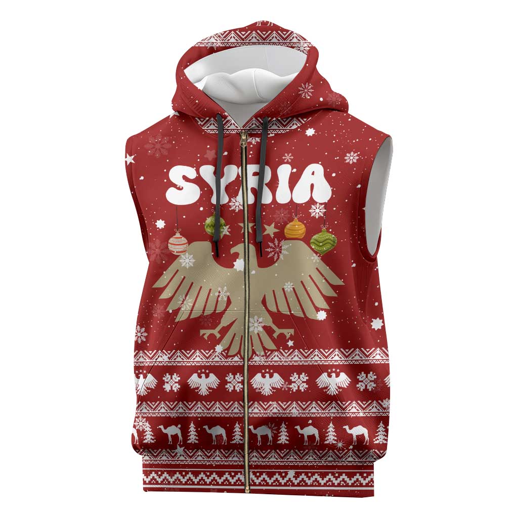 Syria Christmas Sleeveless Zip Hoodie with Golden Eagle Emblem Christmas Camel Scene - Wonder Print Shop