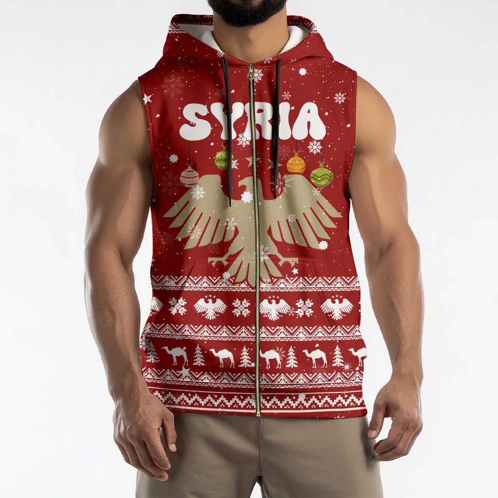 Syria Christmas Sleeveless Zip Hoodie with Golden Eagle Emblem Christmas Camel Scene - Wonder Print Shop