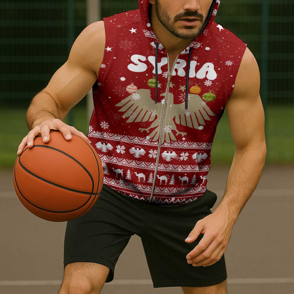 Syria Christmas Sleeveless Zip Hoodie with Golden Eagle Emblem Christmas Camel Scene - Wonder Print Shop