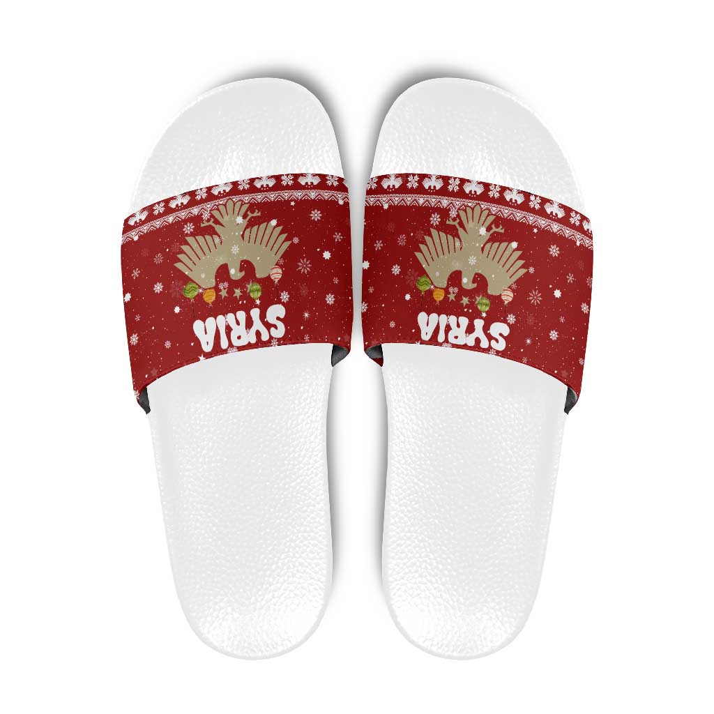 Syria Christmas Slide Sandals with Golden Eagle Emblem Christmas Camel Scene - Wonder Print Shop