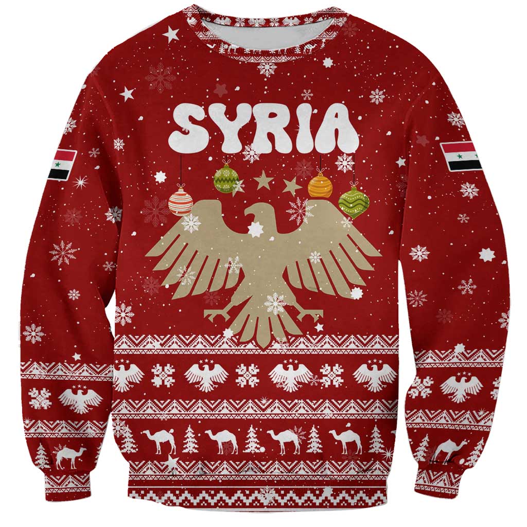 Syria Christmas Sweatshirt with Golden Eagle Emblem Christmas Camel Scene - Wonder Print Shop