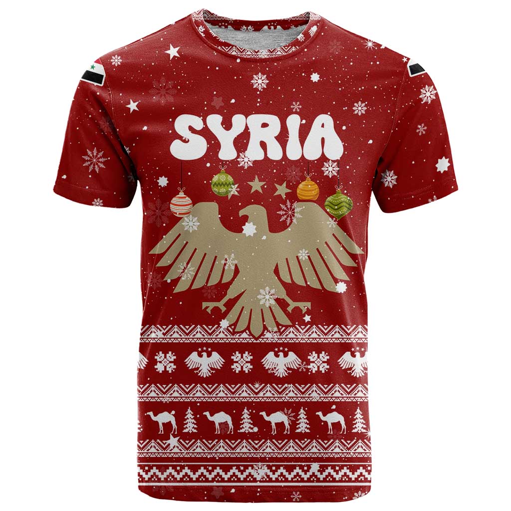 Syria Christmas T Shirt with Golden Eagle Emblem Christmas Camel Scene - Wonder Print Shop