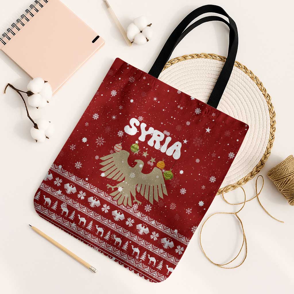 Syria Christmas Tote Bag with Golden Eagle Emblem Christmas Camel Scene - Wonder Print Shop