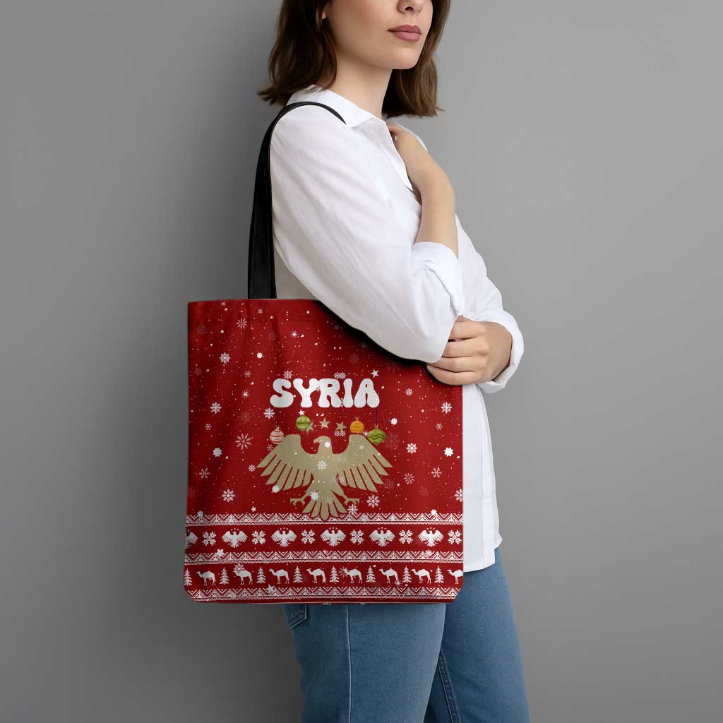 Syria Christmas Tote Bag with Golden Eagle Emblem Christmas Camel Scene - Wonder Print Shop