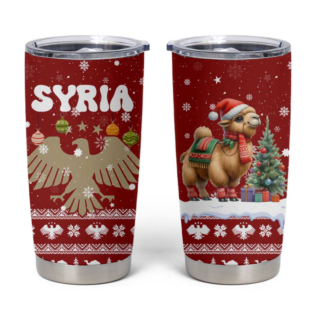 Syria Christmas Tumbler Cup with Golden Eagle Emblem Christmas Camel Scene - Wonder Print Shop