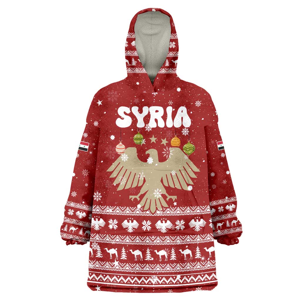 Syria Christmas Wearable Blanket Hoodie with Golden Eagle Emblem Christmas Camel Scene - Wonder Print Shop