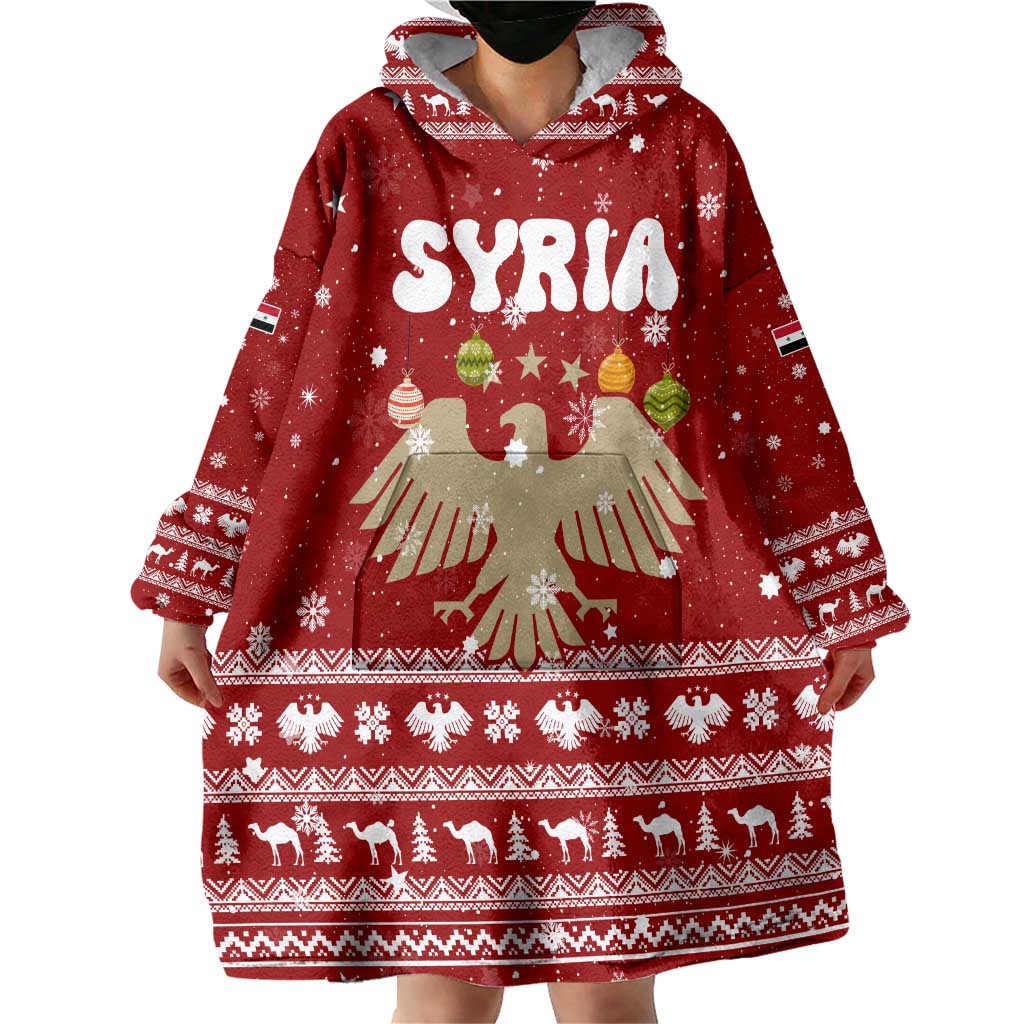 Syria Christmas Wearable Blanket Hoodie with Golden Eagle Emblem Christmas Camel Scene - Wonder Print Shop