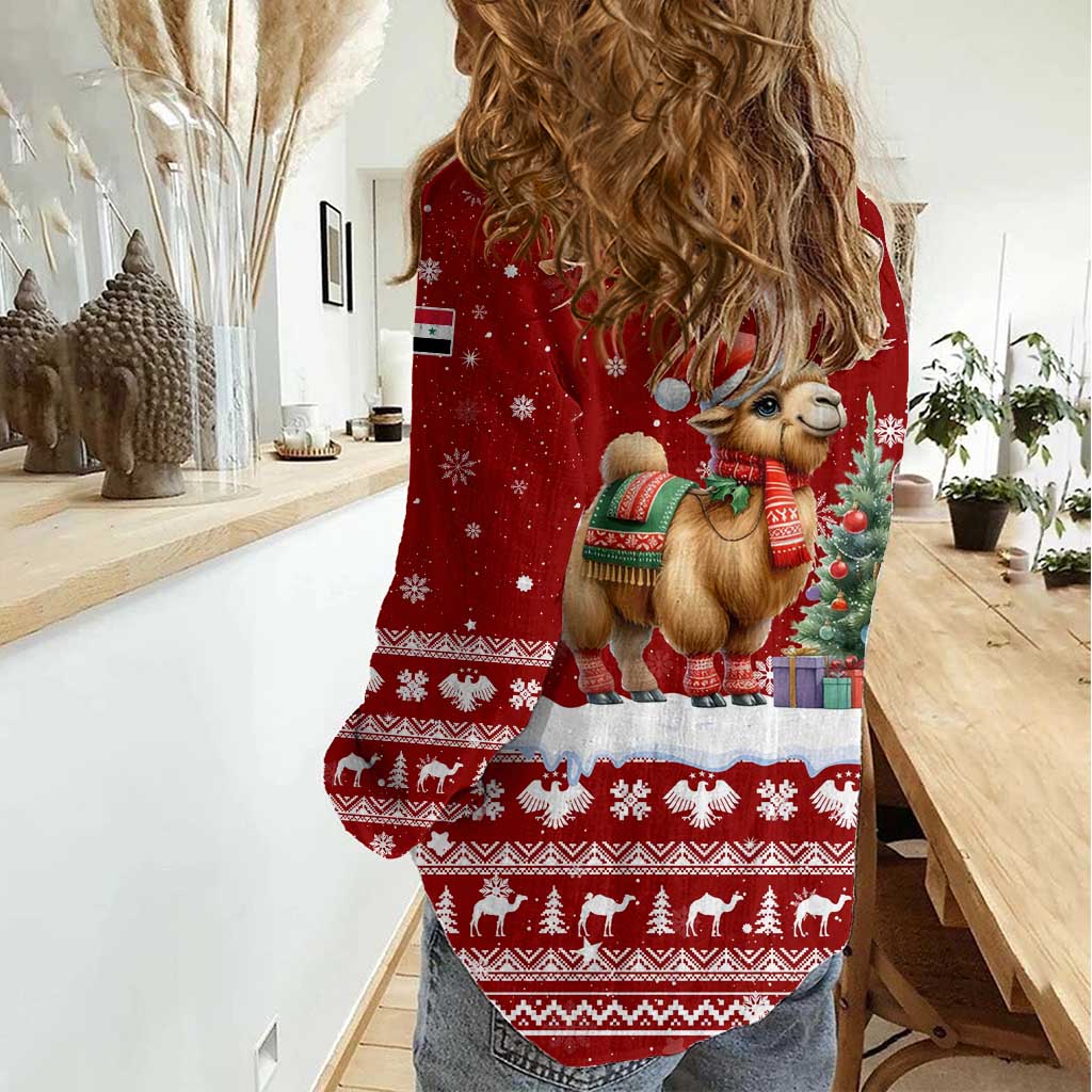 Syria Christmas Women Casual Shirt with Golden Eagle Emblem Christmas Camel Scene - Wonder Print Shop