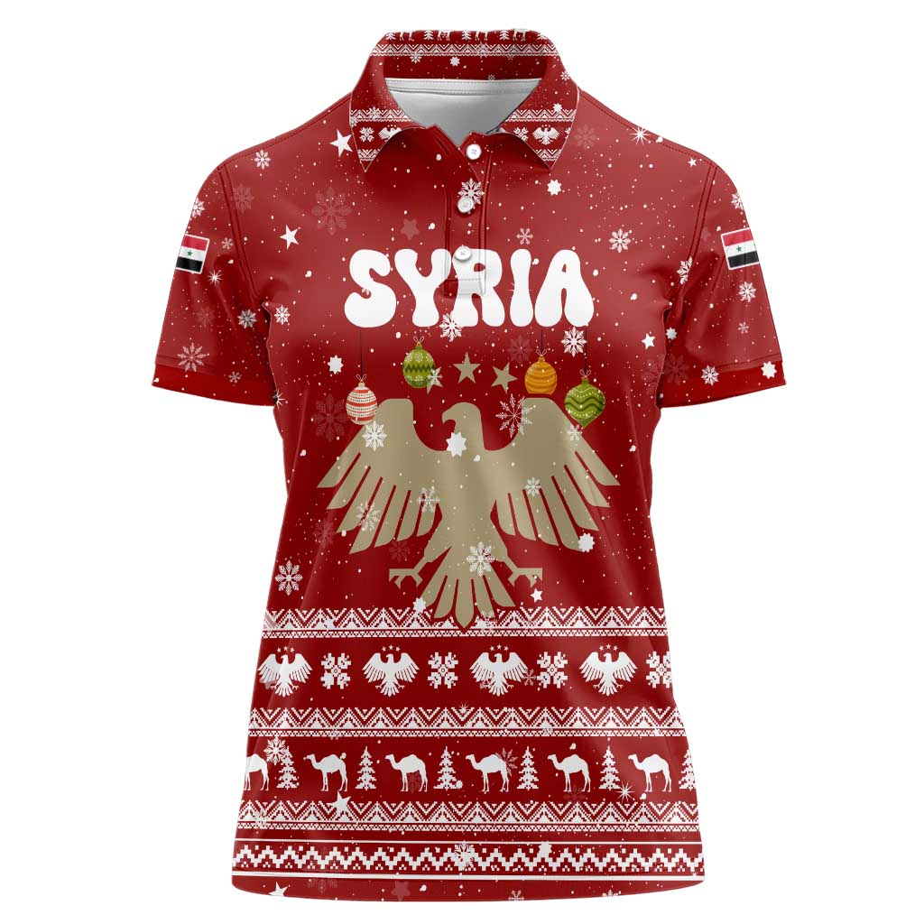Syria Christmas Women Polo Shirt with Golden Eagle Emblem Christmas Camel Scene - Wonder Print Shop