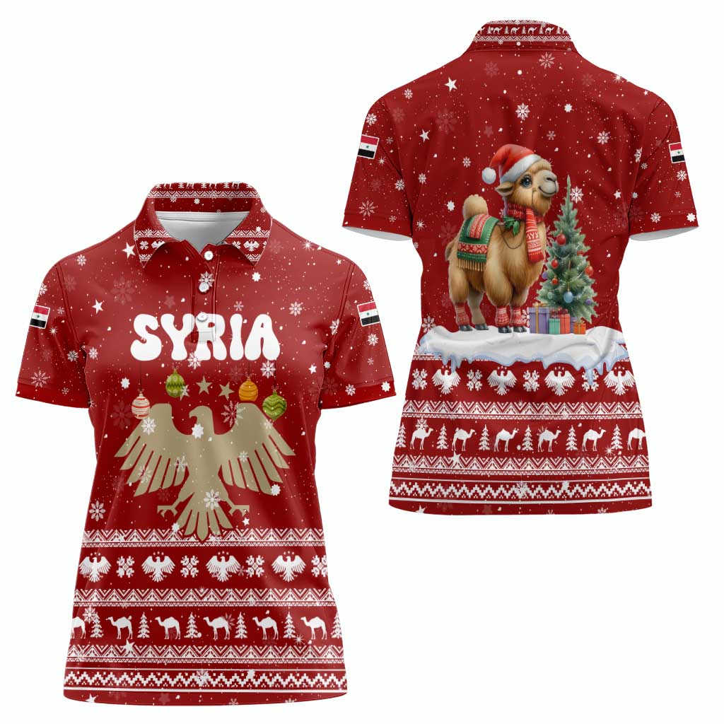 Syria Christmas Women Polo Shirt with Golden Eagle Emblem Christmas Camel Scene - Wonder Print Shop