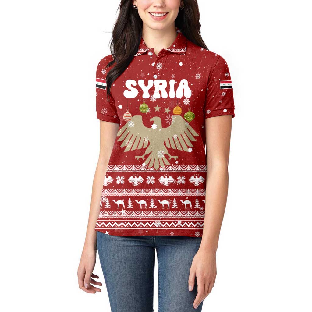 Syria Christmas Women Polo Shirt with Golden Eagle Emblem Christmas Camel Scene - Wonder Print Shop