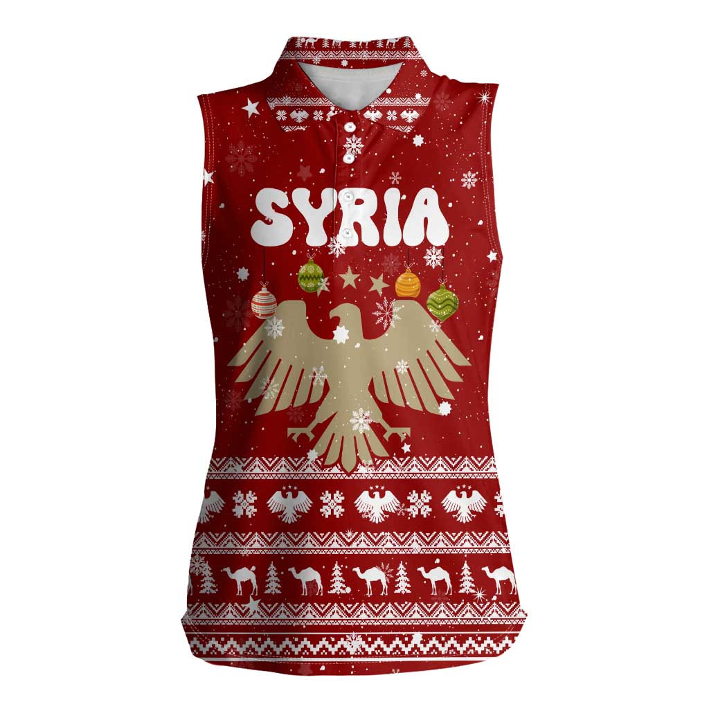 Syria Christmas Women Sleeveless Polo Shirt with Golden Eagle Emblem Christmas Camel Scene - Wonder Print Shop