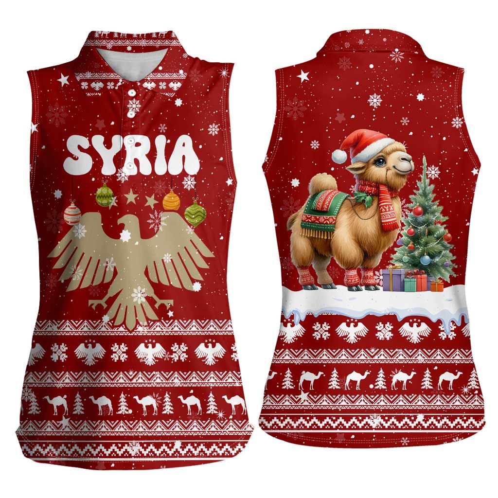 Syria Christmas Women Sleeveless Polo Shirt with Golden Eagle Emblem Christmas Camel Scene - Wonder Print Shop