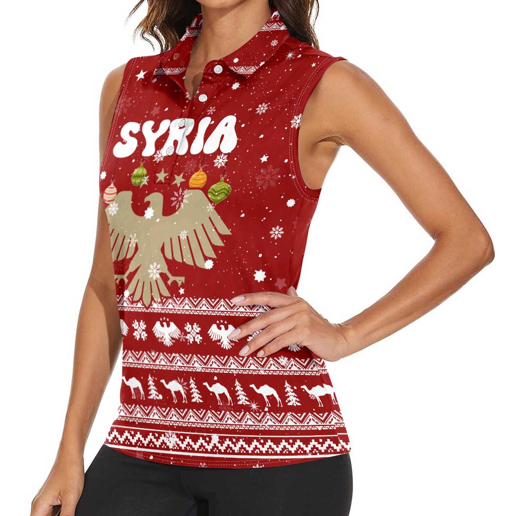 Syria Christmas Women Sleeveless Polo Shirt with Golden Eagle Emblem Christmas Camel Scene - Wonder Print Shop