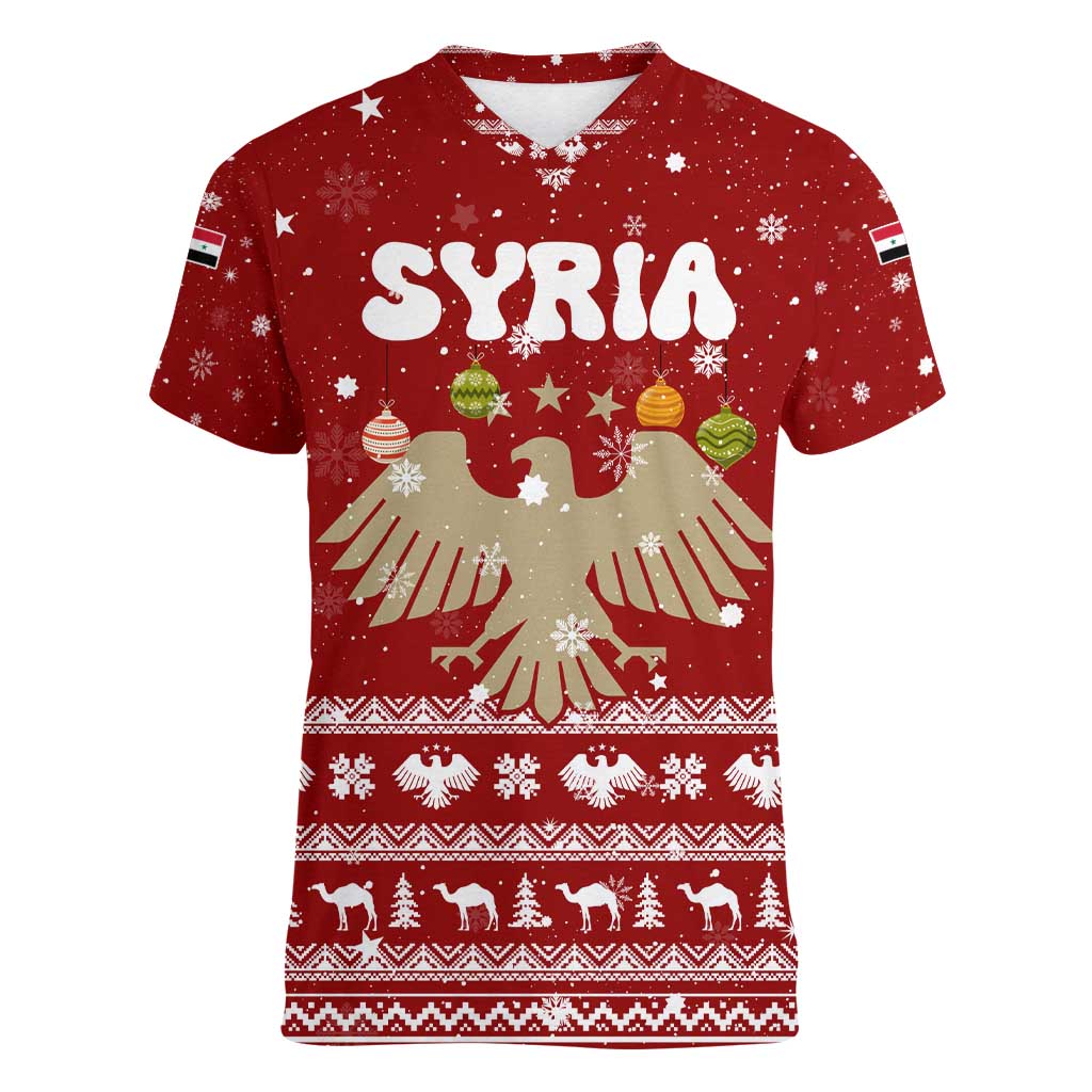 Syria Christmas Women V-Neck T-Shirt with Golden Eagle Emblem Christmas Camel Scene - Wonder Print Shop