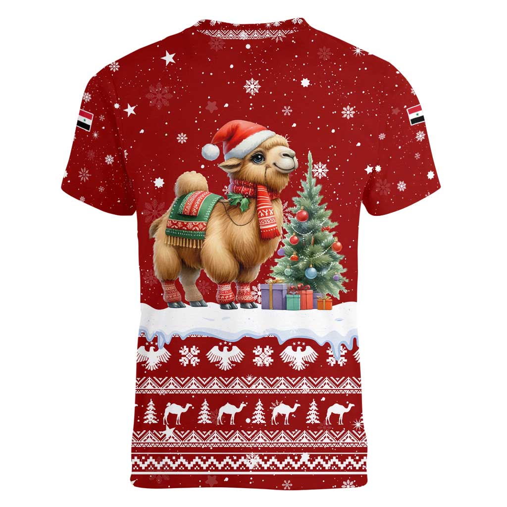 Syria Christmas Women V-Neck T-Shirt with Golden Eagle Emblem Christmas Camel Scene - Wonder Print Shop