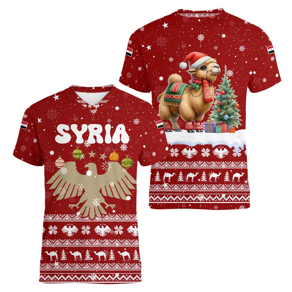 Syria Christmas Women V-Neck T-Shirt with Golden Eagle Emblem Christmas Camel Scene - Wonder Print Shop