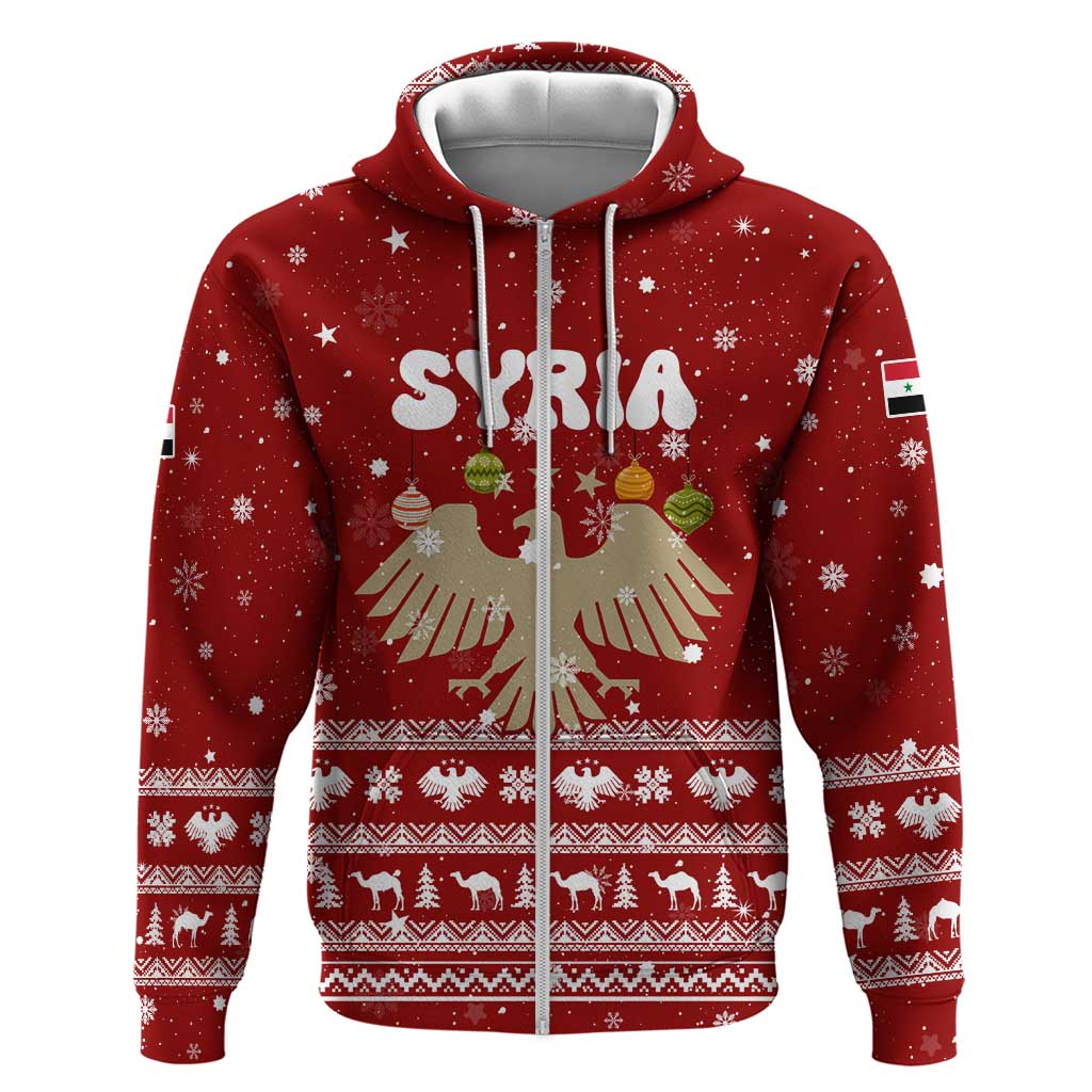 Syria Christmas Zip Hoodie with Golden Eagle Emblem Christmas Camel Scene - Wonder Print Shop