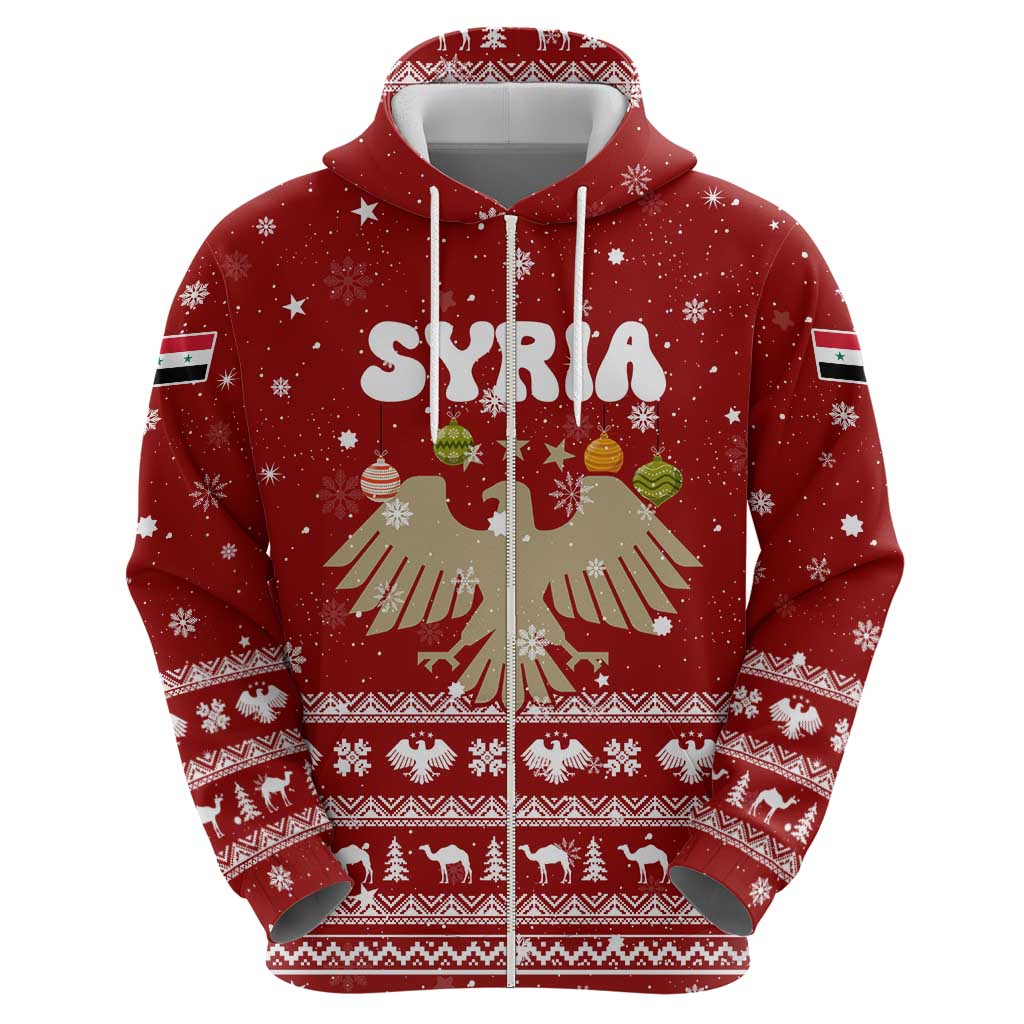Syria Christmas Zip Hoodie with Golden Eagle Emblem Christmas Camel Scene - Wonder Print Shop