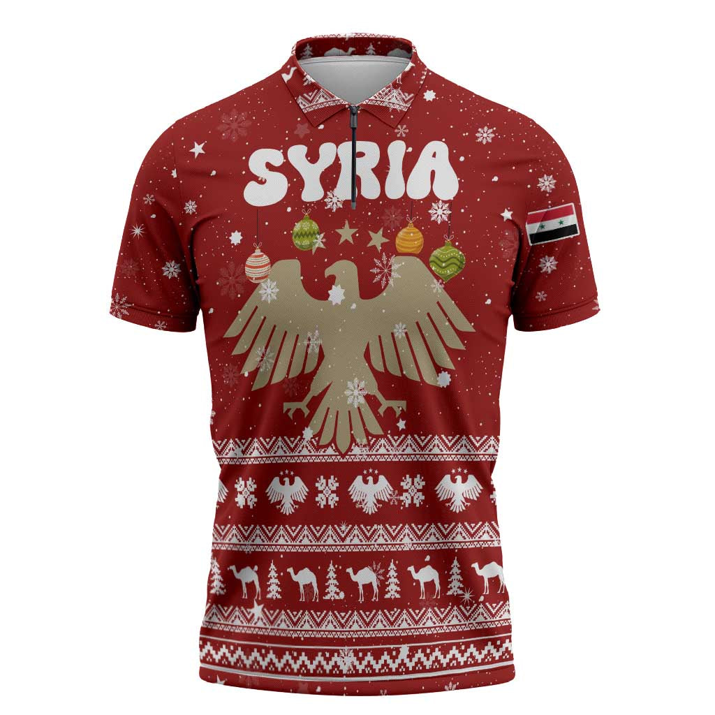 Syria Christmas Zipper Polo Shirt with Golden Eagle Emblem Christmas Camel Scene - Wonder Print Shop