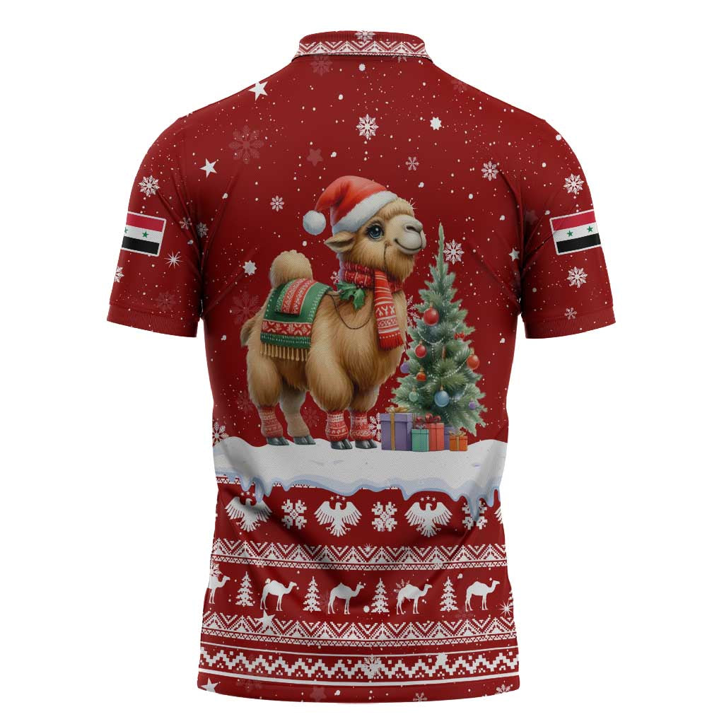 Syria Christmas Zipper Polo Shirt with Golden Eagle Emblem Christmas Camel Scene - Wonder Print Shop