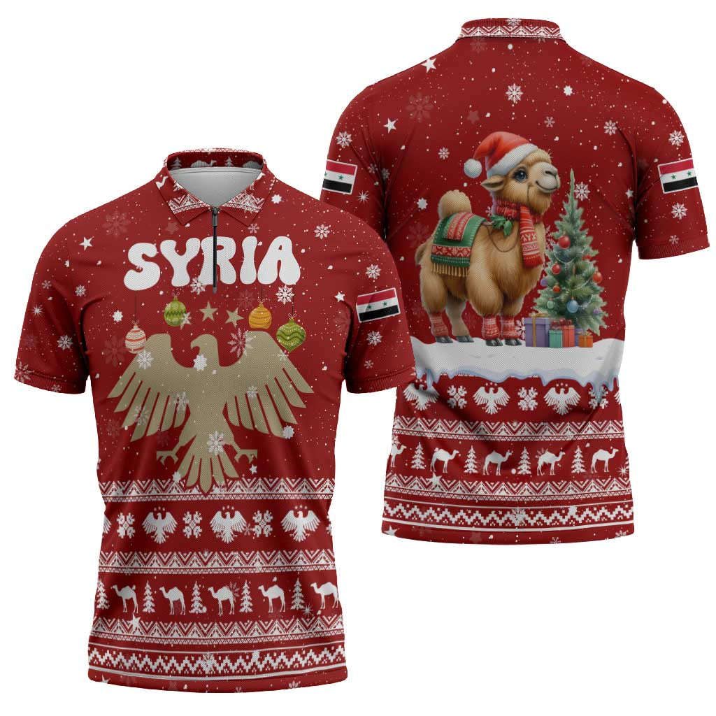 Syria Christmas Zipper Polo Shirt with Golden Eagle Emblem Christmas Camel Scene - Wonder Print Shop