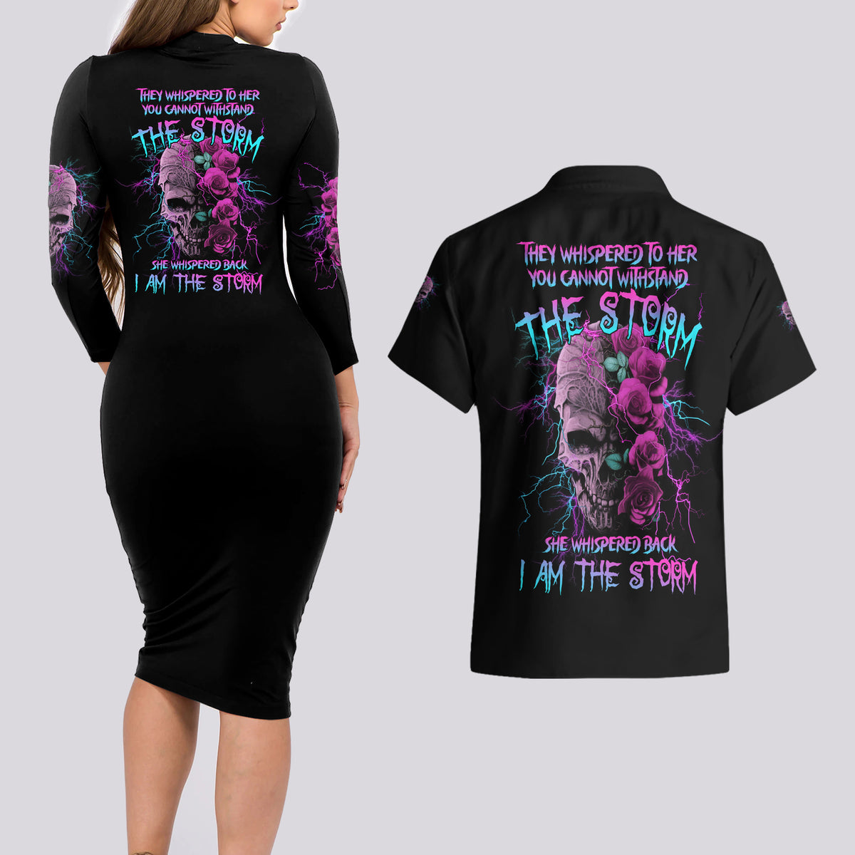 I Am The Storm Skull Rose Couples Matching Long Sleeve Bodycon Dress and Hawaiian Shirt - Wonder Print Shop