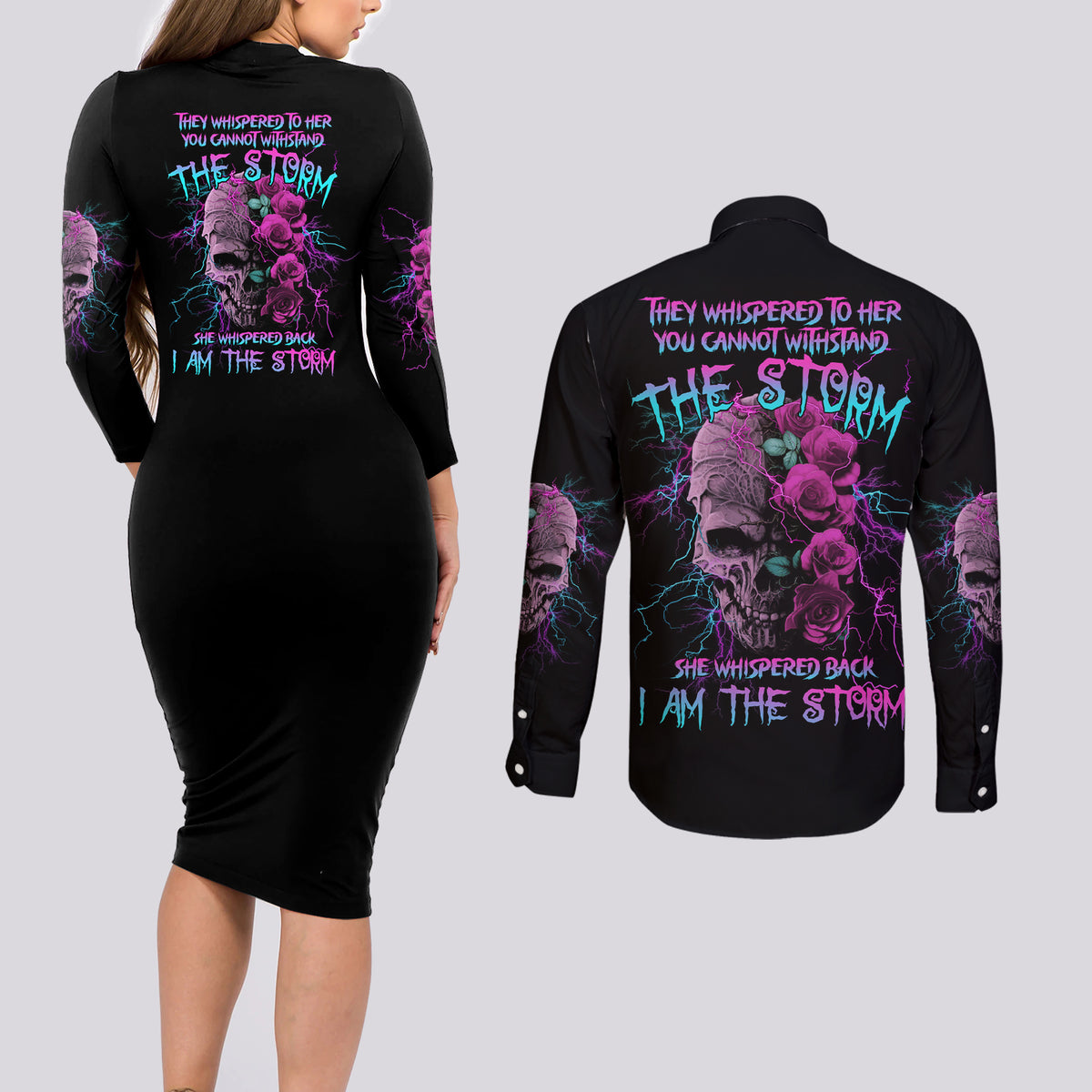 I Am The Storm Skull Rose Couples Matching Long Sleeve Bodycon Dress and Long Sleeve Button Shirt - Wonder Print Shop