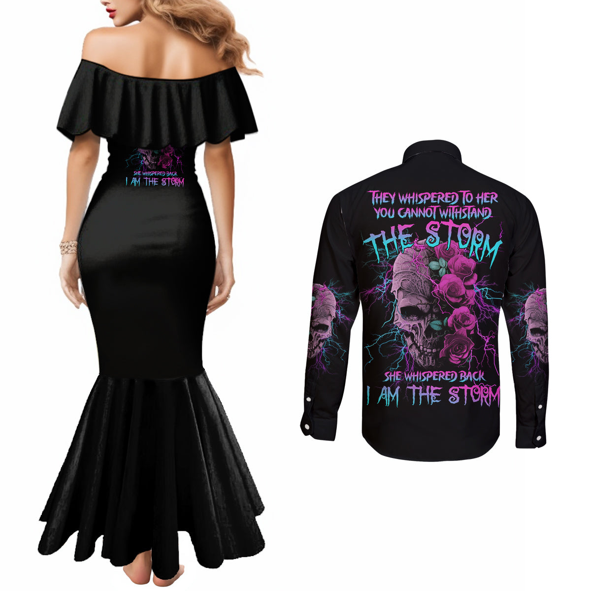 i-am-the-storm-skull-rose-couples-matching-mermaid-dress-and-long-sleeve-button-shirt
