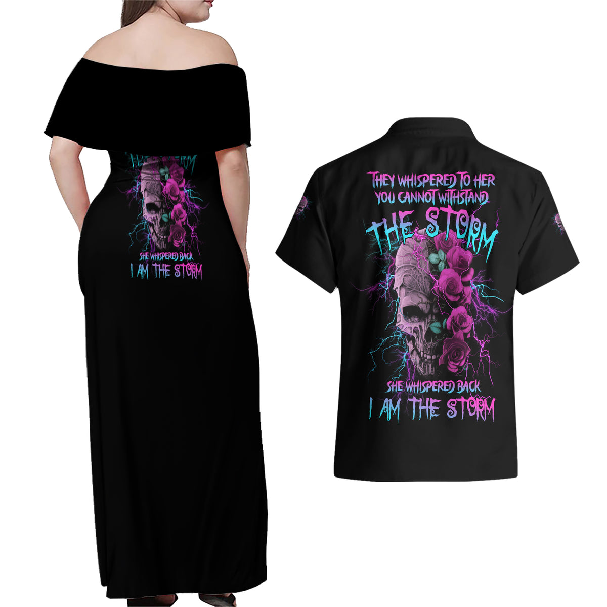 I Am The Storm Skull Rose Couples Matching Off Shoulder Maxi Dress and Hawaiian Shirt - Wonder Print Shop