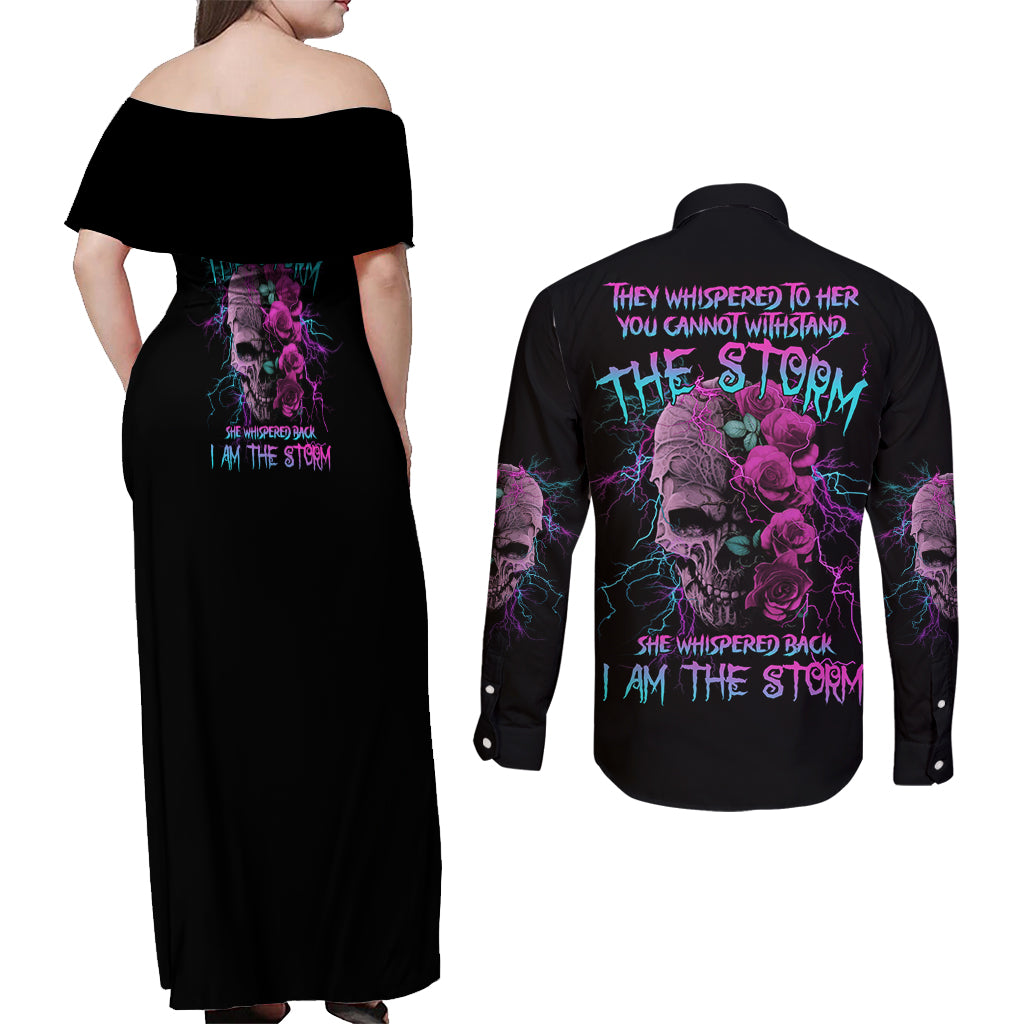 I Am The Storm Skull Rose Couples Matching Off Shoulder Maxi Dress and Long Sleeve Button Shirt - Wonder Print Shop