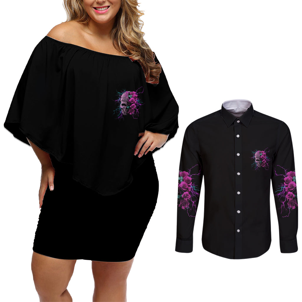 I Am The Storm Skull Rose Couples Matching Off Shoulder Short Dress and Long Sleeve Button Shirt - Wonder Print Shop