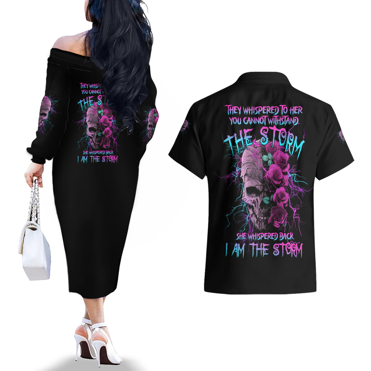 I Am The Storm Skull Rose Couples Matching Off The Shoulder Long Sleeve Dress and Hawaiian Shirt - Wonder Print Shop