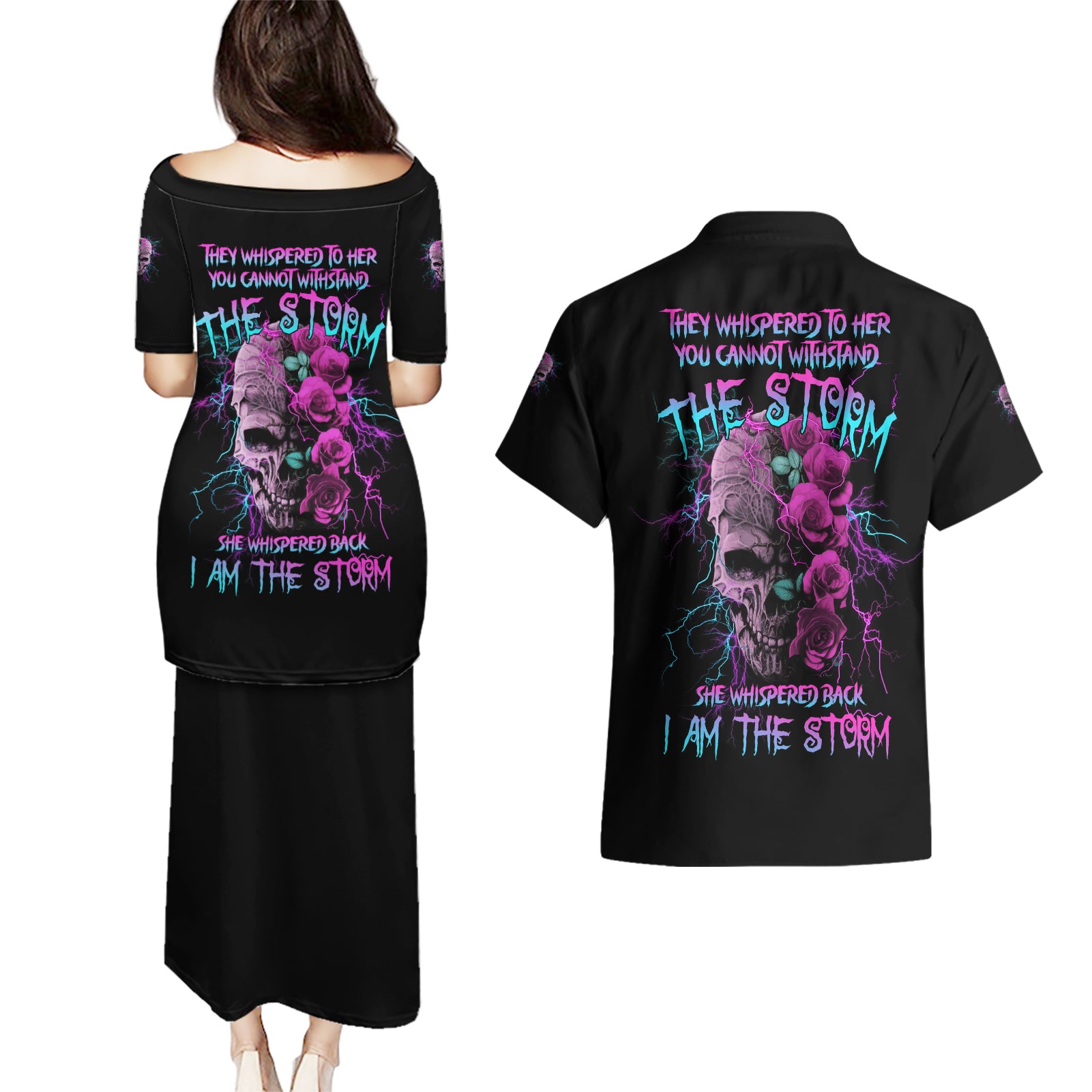 I Am The Storm Skull Rose Couples Matching Puletasi Dress and Hawaiian Shirt - Wonder Print Shop