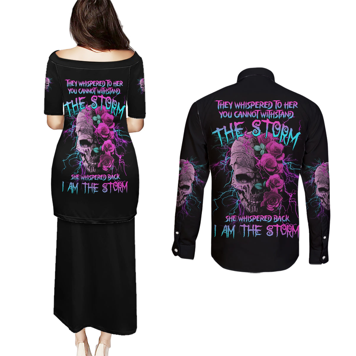 I Am The Storm Skull Rose Couples Matching Puletasi Dress and Long Sleeve Button Shirt - Wonder Print Shop